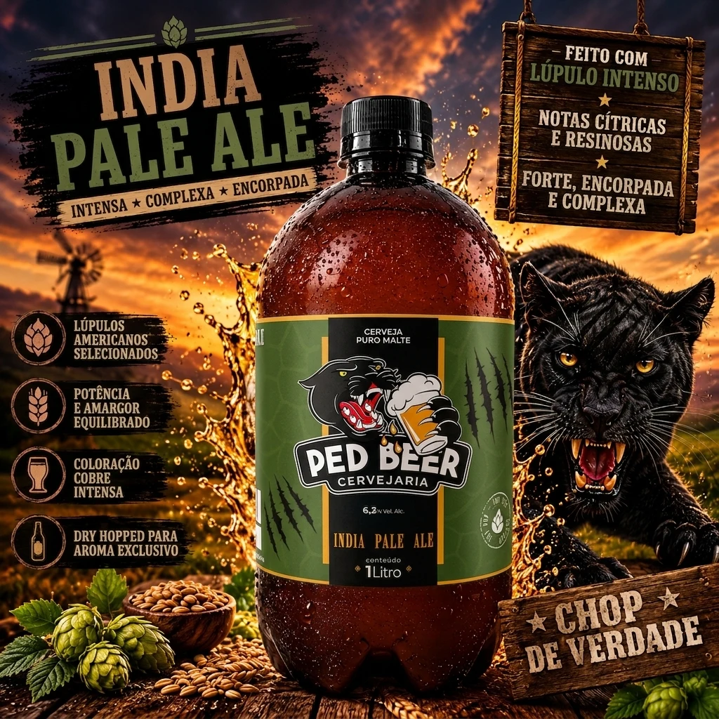 Arte da India Pale Ale Ped Beer: growler de rótulo verde, lúpulos e pantera ao pôr do sol