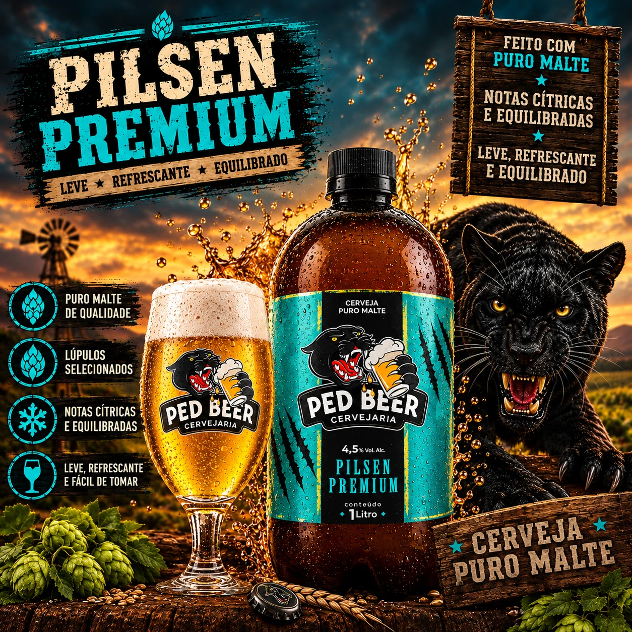 Arte da Pilsen Premium Ped Beer: growler turquesa, taça dourada e pantera ao pôr do sol