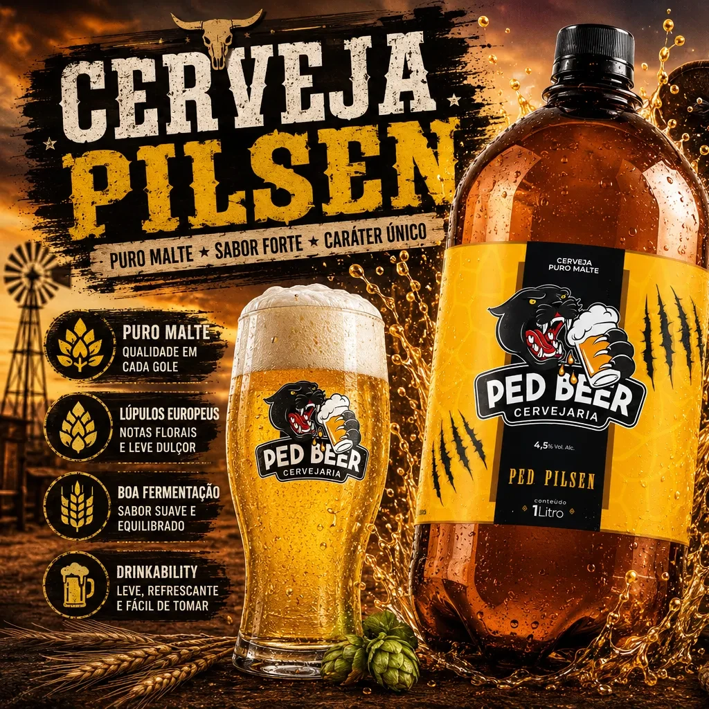 Arte da Cerveja Pilsen Ped Beer: growler amarelo e copo de chope