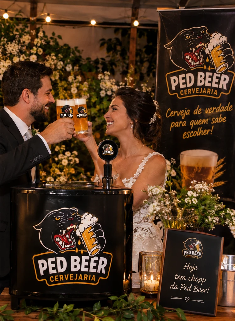 Noivos brindando com chope Ped Beer ao lado de uma chopeira decorada em um casamento