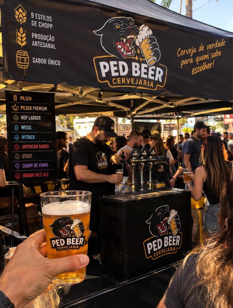 Tenda da Ped Beer em um festival: chopeira com várias torneiras, cardápio de estilos e copo de chope em primeiro plano