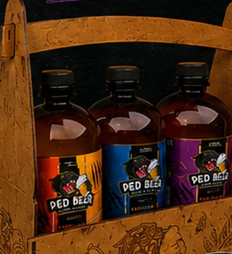 Caixa de madeira Ped Beer com três growlers